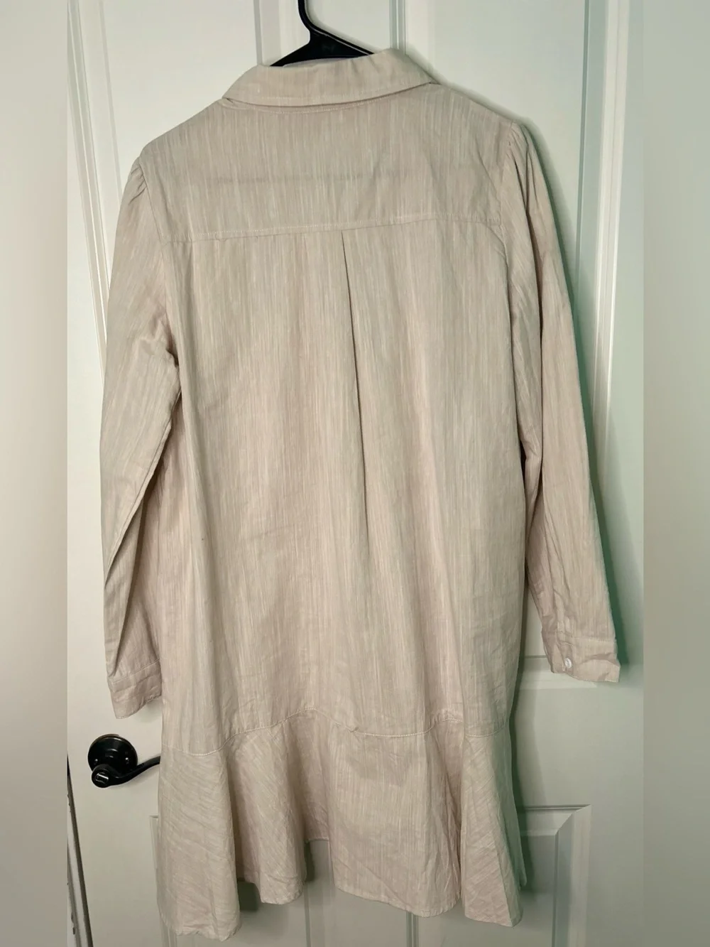 Linen Blend Ruffle Hem Long Sleeve Shift Shirt Dress Beige Neutral Boutique Lrg - Picture 4 of 8